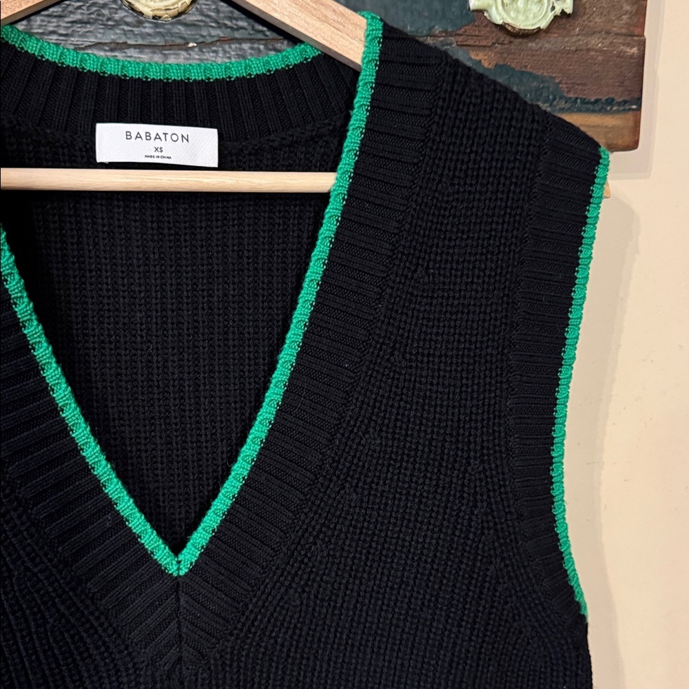 Babaton Sherman Black Knit V-Neck Sleeveless Relaxed Fit Sweater with Green Trim - Picture 8 of 16